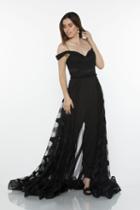 Milano Formals - E2328 Off Shoulder Sheer Striped Overskirt Jumpsuit