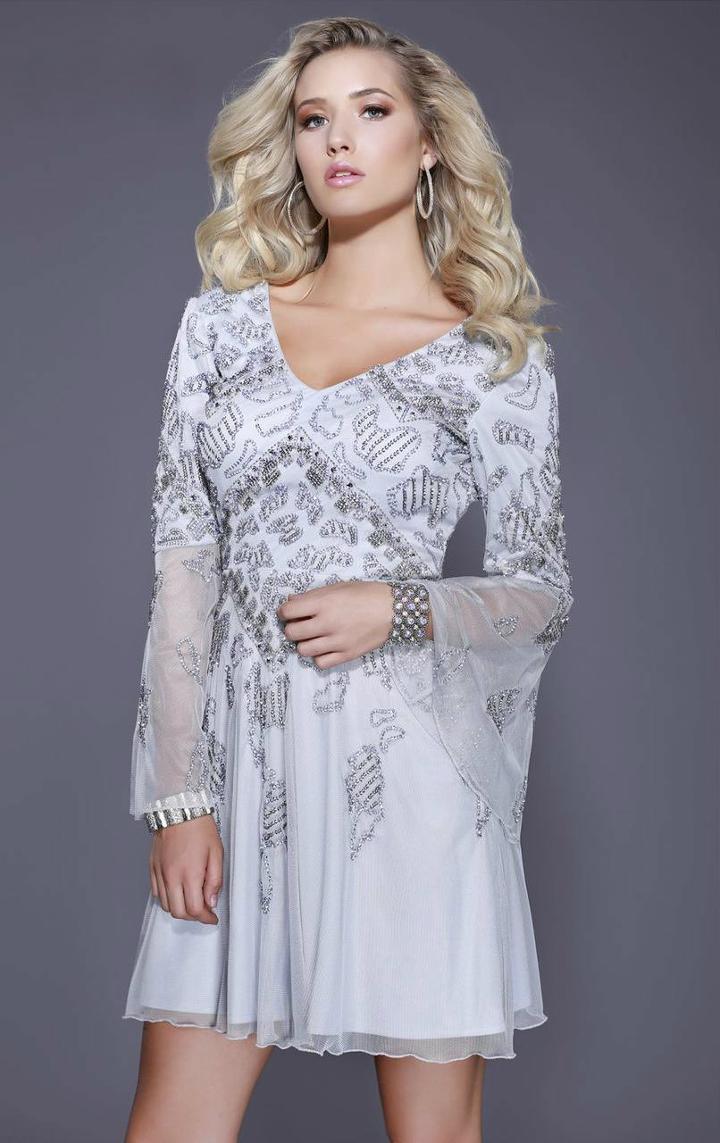 Shail K - 21206 Beaded V Neck Long Sleeves Dress