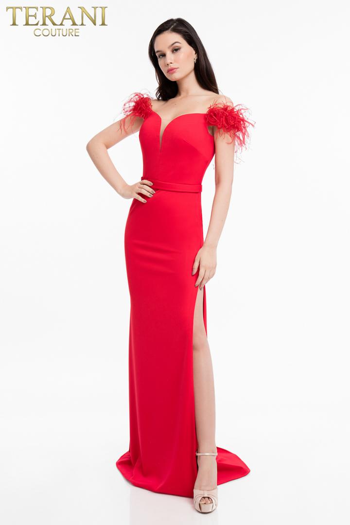 Terani Couture - 1821e7103 Feathered Off-shoulder Fitted Dress