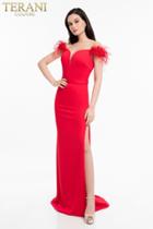 Terani Couture - 1821e7103 Feathered Off-shoulder Fitted Dress