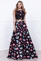 Nox Anabel - Two-piece Bateau Lace Overlay Long Dress With Vivid Butterfly Printed Skirt 8336