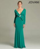 Jovani - Oversized Bow With Long Sleeves V-neck Sheath Dress 94067