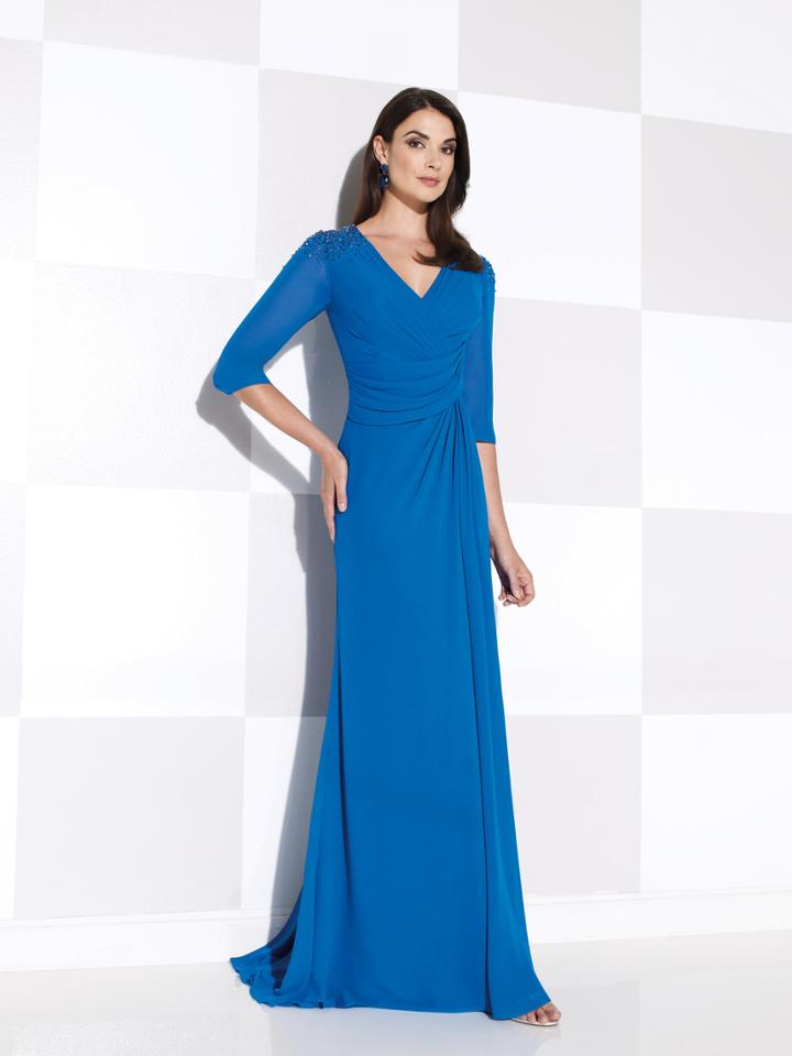 Cameron Blake - V Neck Quarter Length Sleeves Ruched Long Dress 115611