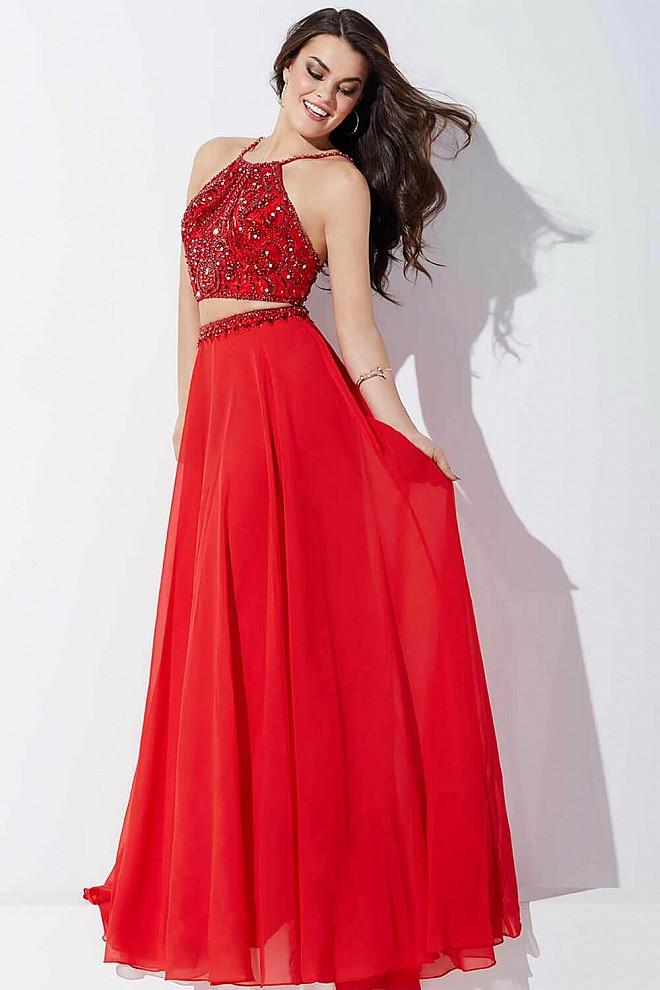 Jovani - Two Piece Beaded Halter Top Chiffon Gown 33848
