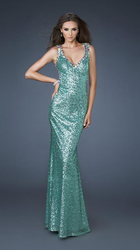 La Femme - Sequined V-neck Mermaid Gown With Crystal Accents 18514
