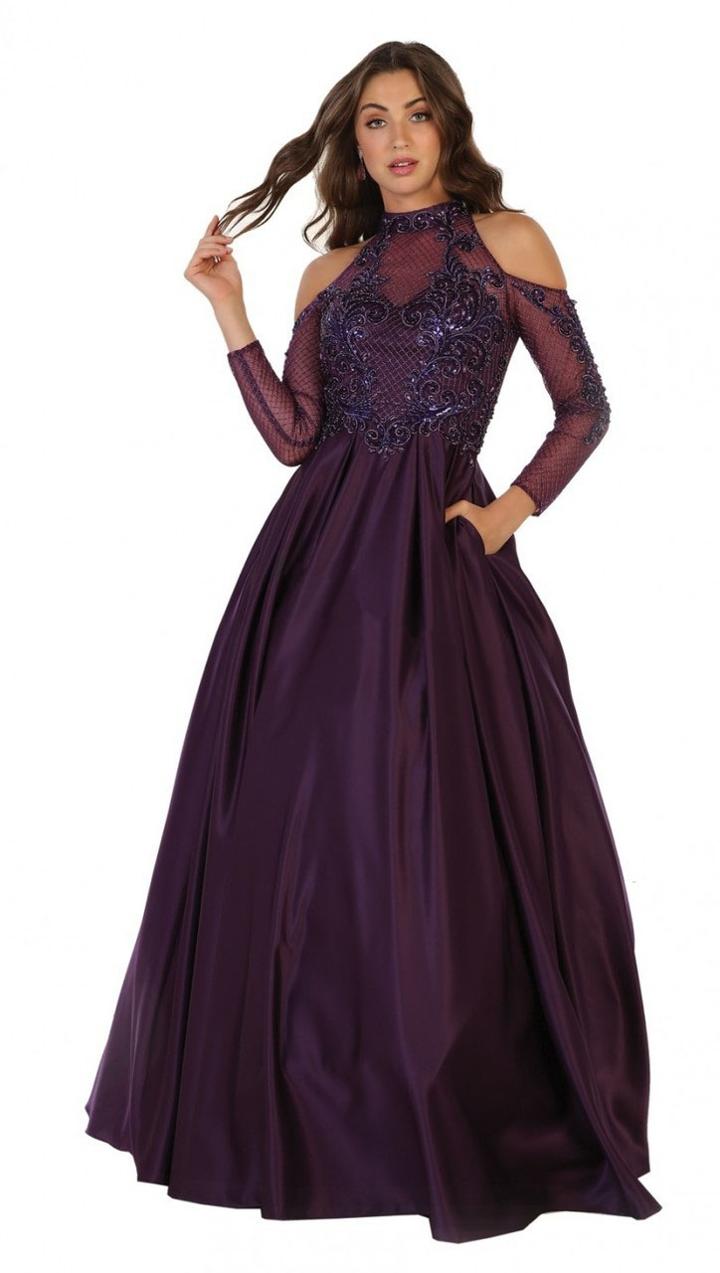 May Queen - Rq7517 High Neck Embroidered Taffeta Evening Gown
