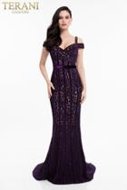 Terani Couture - 1823e7342 Velvet Striped Jewel Crusted Lace Gown