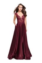 La Femme - 25973 Lace Cap Sleeves Satin A-line Gown