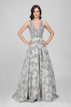 Terani Couture - Eccentric Floral Accented Illusion Neck A-line Gown Couture1722e4249
