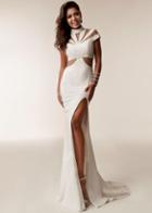 Jasz Couture - 6205 High Neck Sheath Dress With Slit
