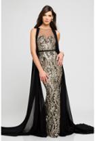 Terani Evening - 1723e4287 Gilded Leaf Embroidered Gown With Cape