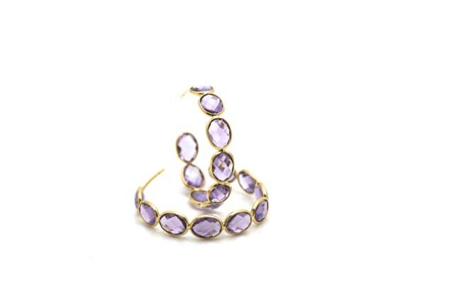 Tresor Collection - 18k Yellow Gold Medium Gemstone Hoop Earrings In Amethyst