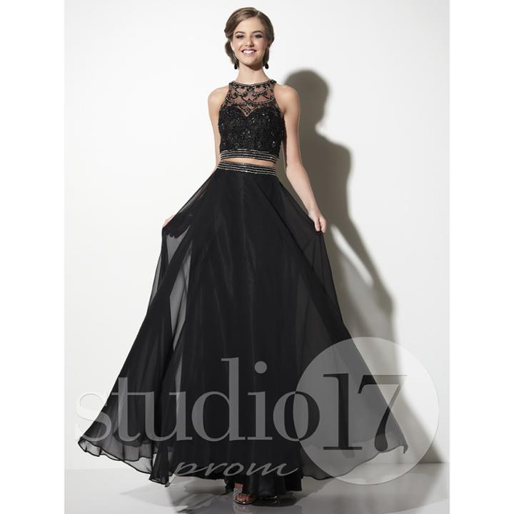 Studio 17 - Appealing Laced And Beaded Jewel Neck Chiffon A-line Gown 12630