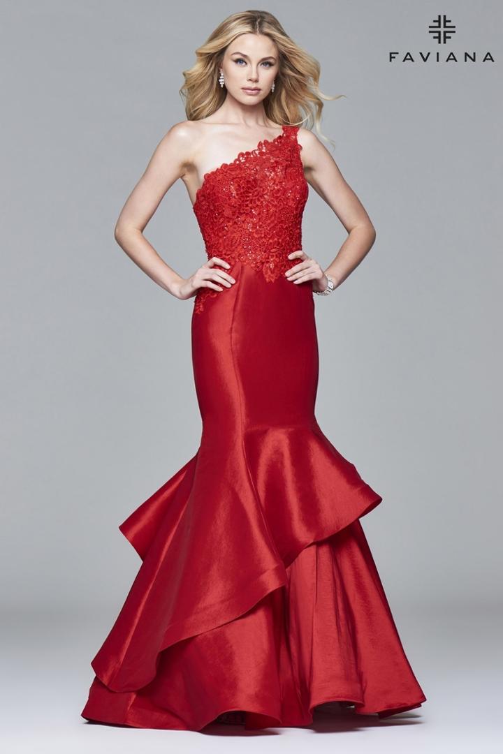 Faviana - 7970 Long Taffeta Dress With One-shoulder Sequined Lace Bodice