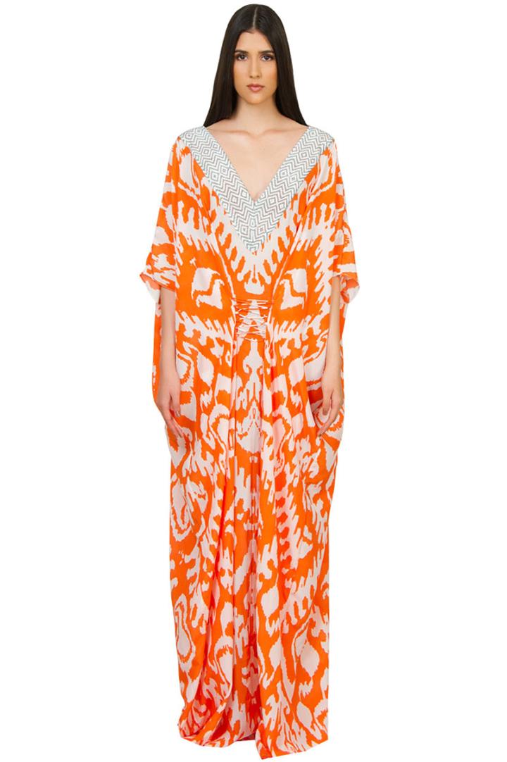 Caffe Swimwear - Long V-neck Kaftan Dress In Orange
