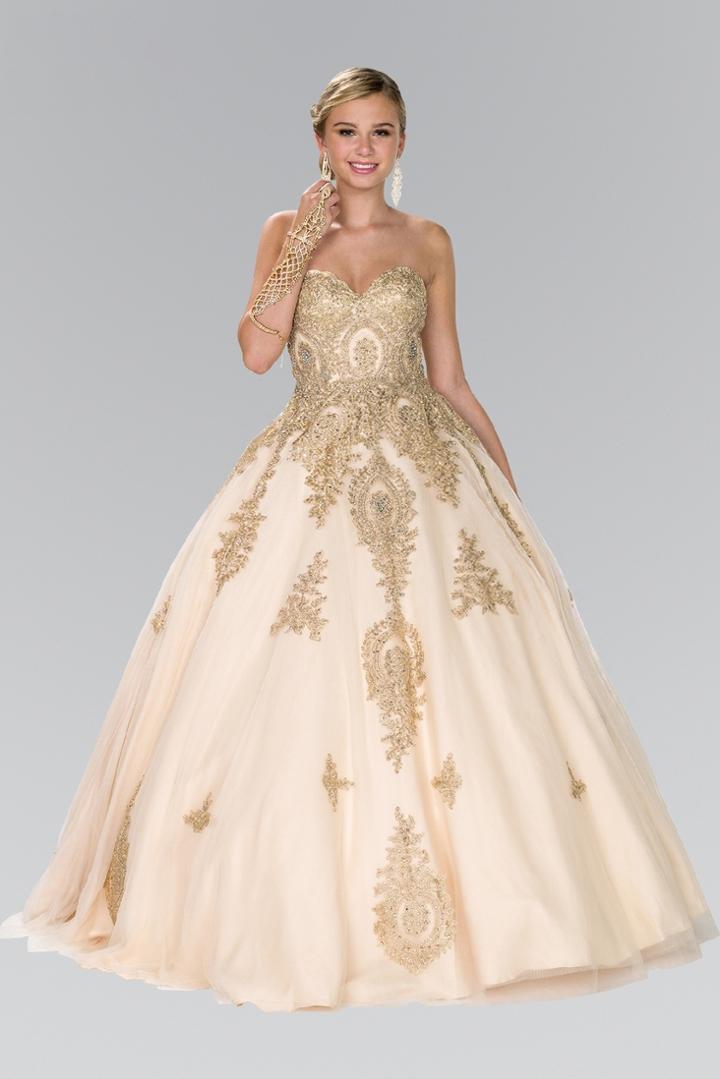 Elizabeth K - Gl2379 Strapless Sweetheart Gilt Lace Ballgown