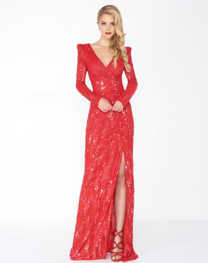Mac Duggal - 4635r Long Dynasty Sleeve Sequined High Slit Gown