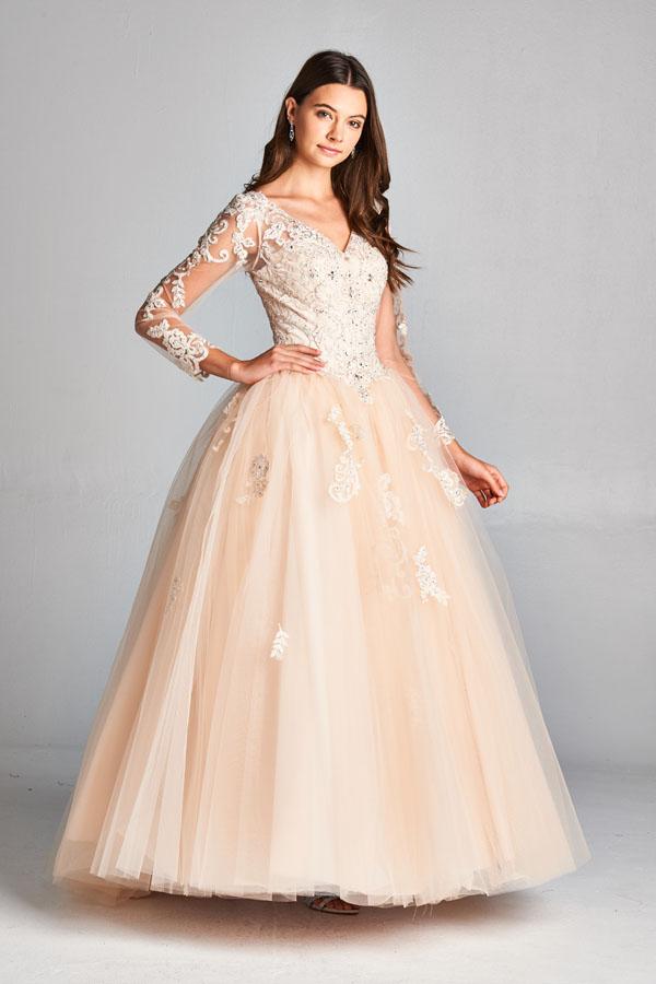 Aspeed - L1905 Lace Long Sleeve V-neck Quinceanera Ballgown