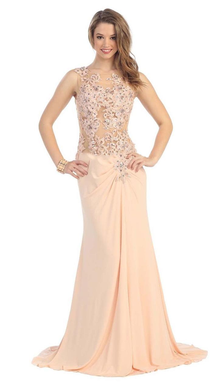 May Queen - Floral Applique Illusion Chiffon Gown Rq7157
