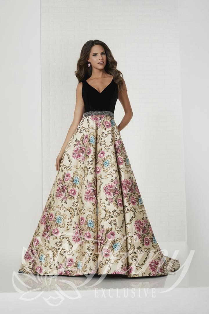 Tiffany Designs - 46143 Velvet V-neck Printed Brocade Ballgown
