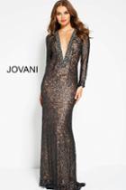 Jovani - 54989 Long Sleeved Illusion V-neck Sheath Gown