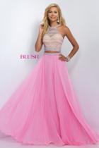 Blush - Two-piece Bejeweled Illusion High Neck Gown 11056