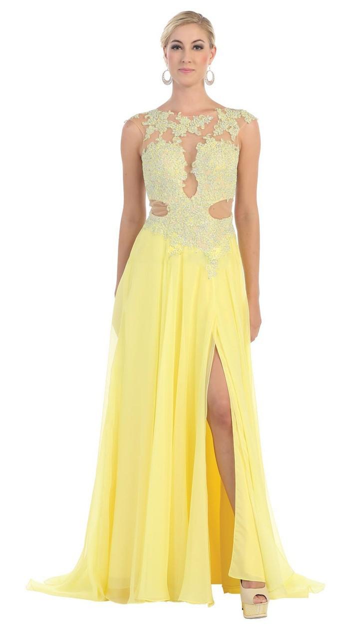 May Queen - Illusion Neckline Embellished Lace Applique A-line Dress Rq7166