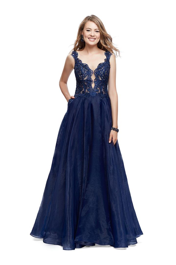 La Femme - 25970 Beaded Lace V-neck Organza A-line Gown