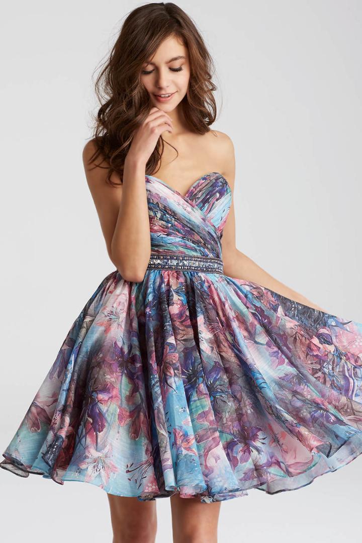 Jovani - 53093 Strapless Ruched Floral Print Cocktail Dress