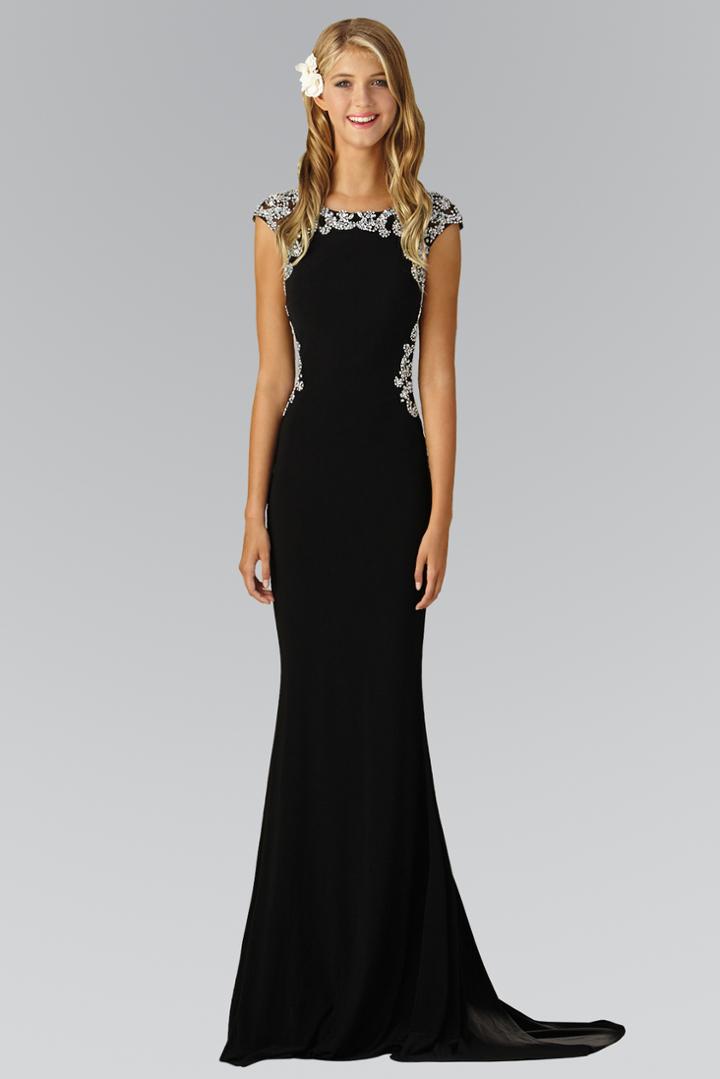 Elizabeth K - Cap Sleeve With Side Slit Embellished Gown Gl2039