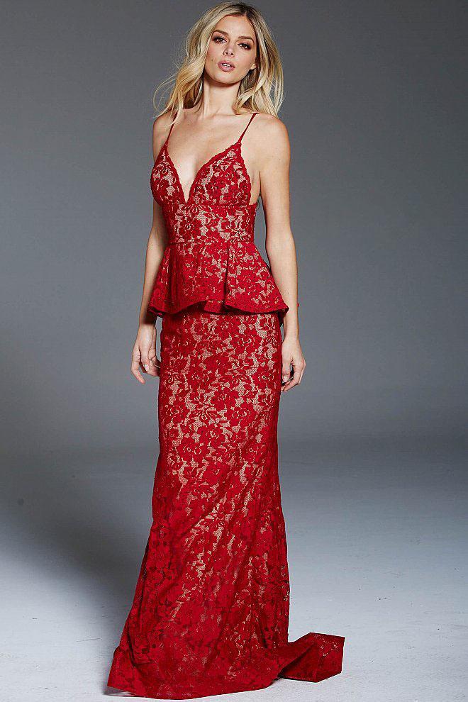Jovani - 60360 Beaded Lace Deep V-neck Sheath Dress