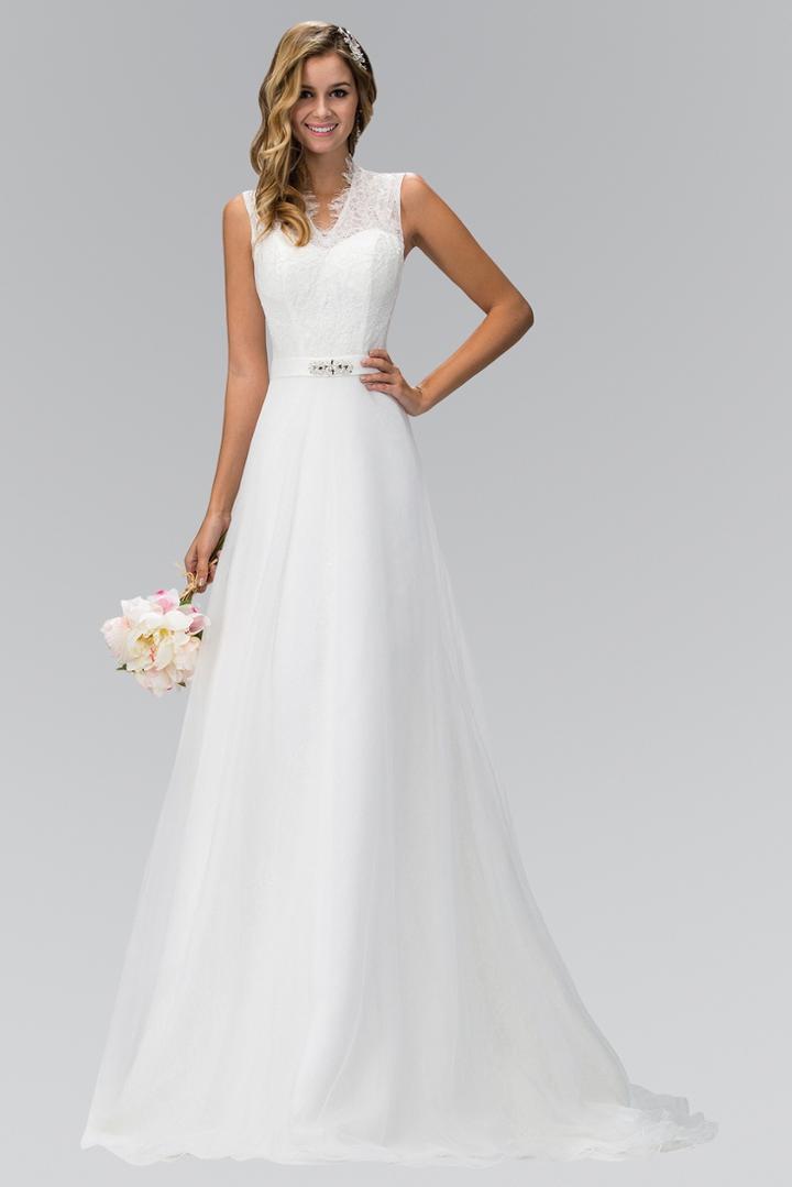 Elizabeth K - Gl1416 Sleeveless Fringed Lace Bodice A-line Wedding Gown