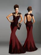 Janique - Long Jewel Neck Lace Jersey Gown K6472