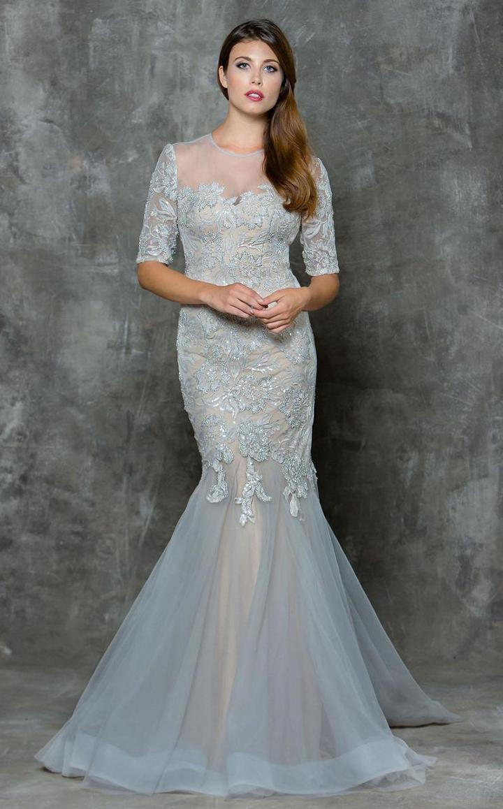 Marsoni By Colors - M179 Illusion Short Sleeve Mermaid Gown