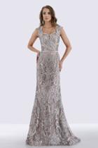 Feriani Couture - 18671 Cap Sleeve Square Neck Lattice Sheath Gown