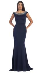 May Queen - Rhinestone Embellished Bateau Neck With Peplum Back Jersey Dress Rq7387