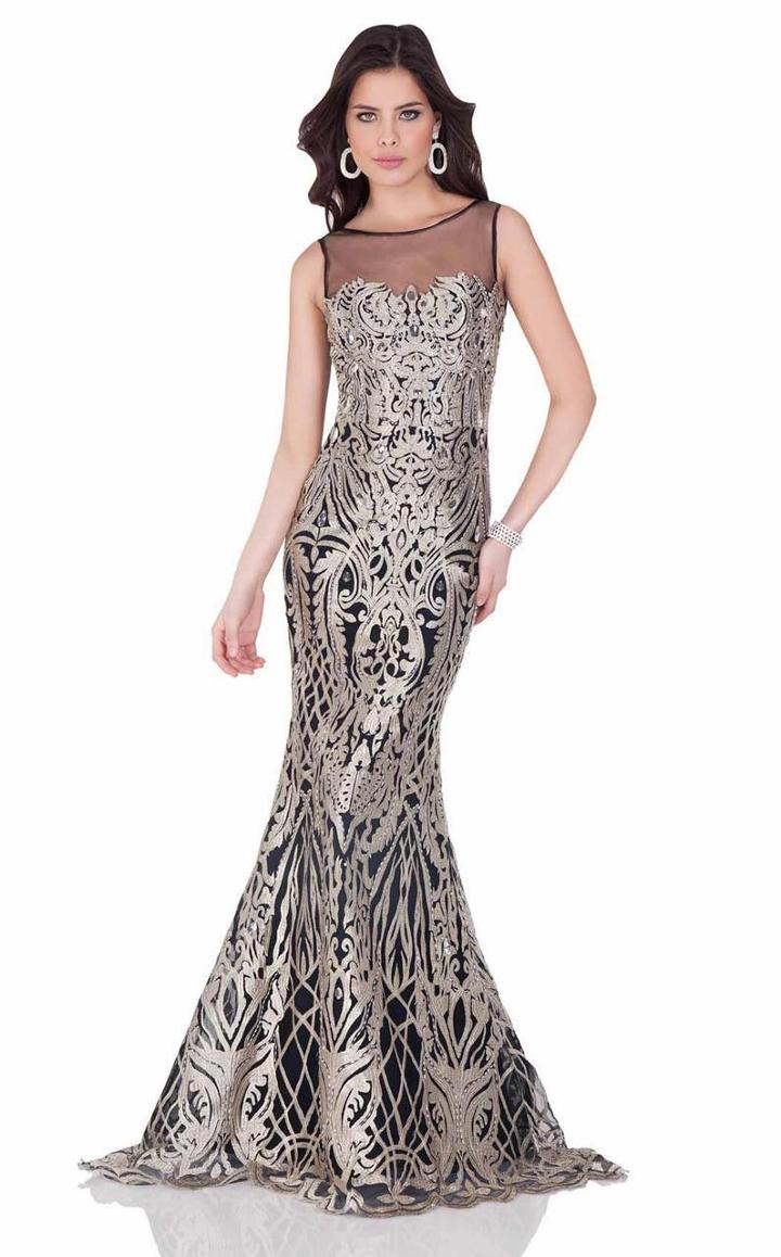 Terani Couture - Sleeveless Sheer And Golden Embroidery Fitted Gown 1621gl1895