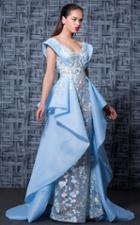 Mnm Couture - K3566 Floral Embroidered Wide V-neck Gown With Overskirt