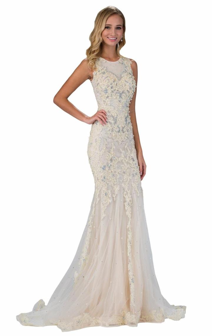 Elizabeth K - Bead And Pearl Embellished Jewel Neckline Jersey Gown Gl1344