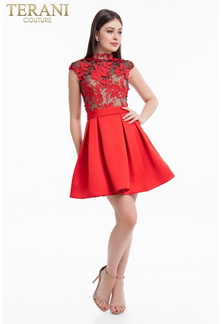 Terani Couture - 1822h7872 Embroidered High Neck A-line Dress