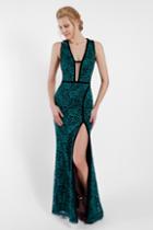 Terani Couture - 1722e4191 Plunging Neckline Lace Evening Gown