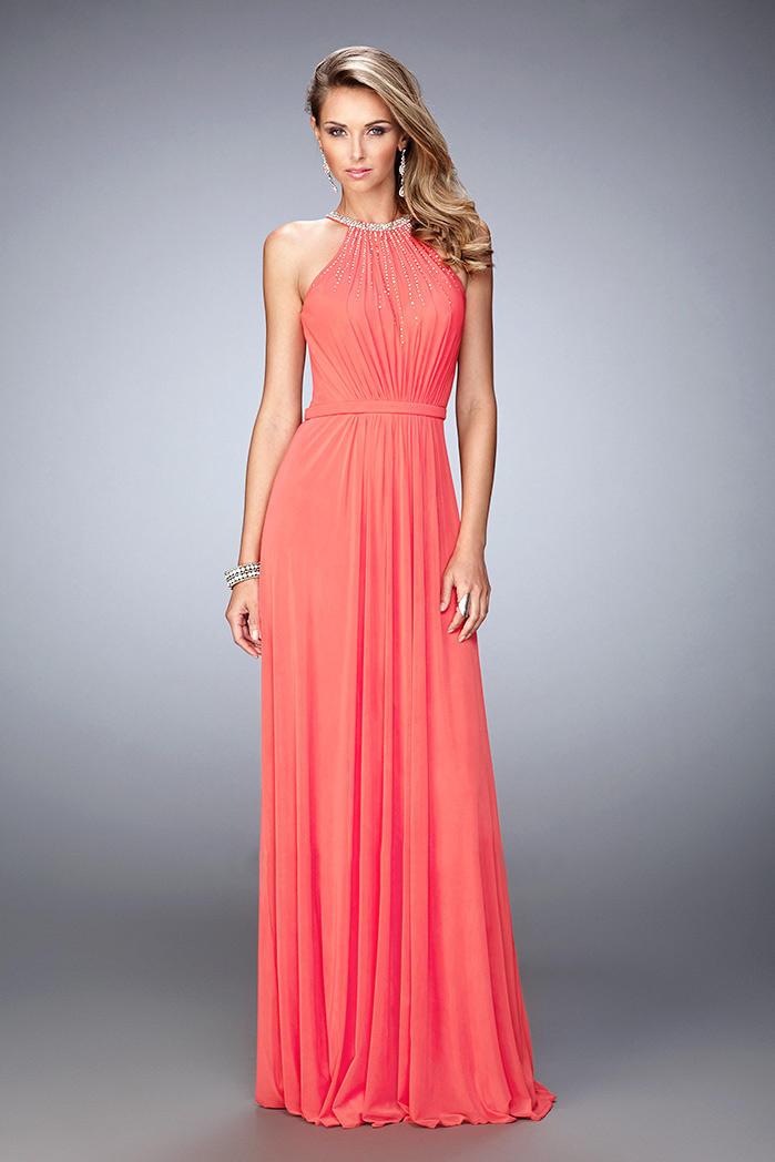 La Femme - 21974 Ornate Halter Ruched Gown