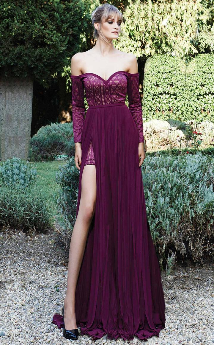 Mnm Couture - Off-shoulder Long Sleeve Evening Gown N0116