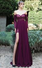 Mnm Couture - Off-shoulder Long Sleeve Evening Gown N0116