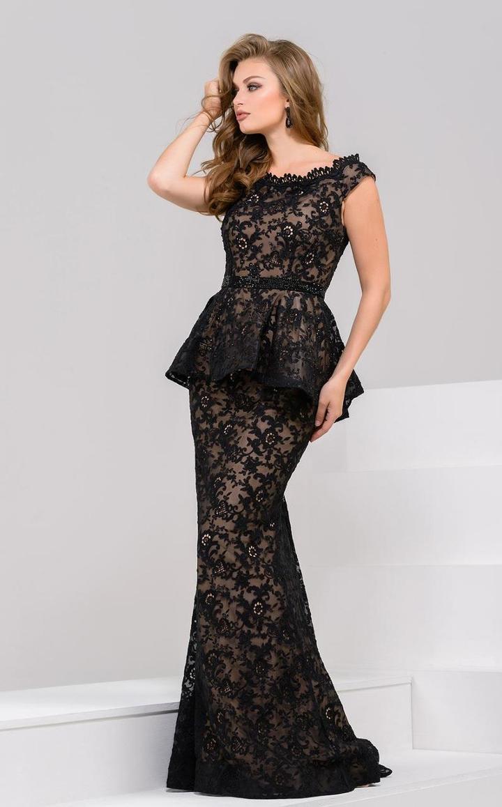 Jovani - 39311 Embroidered Lace Peplum Long Gown