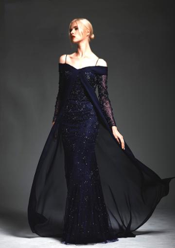Park 108 - M160 Illusion Long Sleeve Off Shoulder Caped Gown
