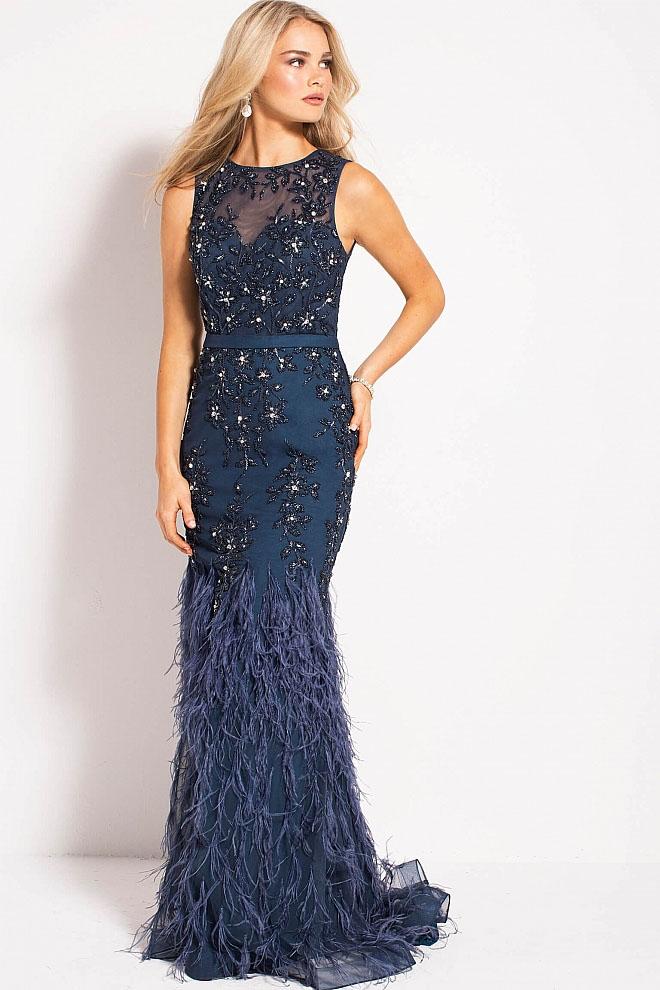 Jovani - 54462 Embellished Illusion Jewel Sheath Feather Dress