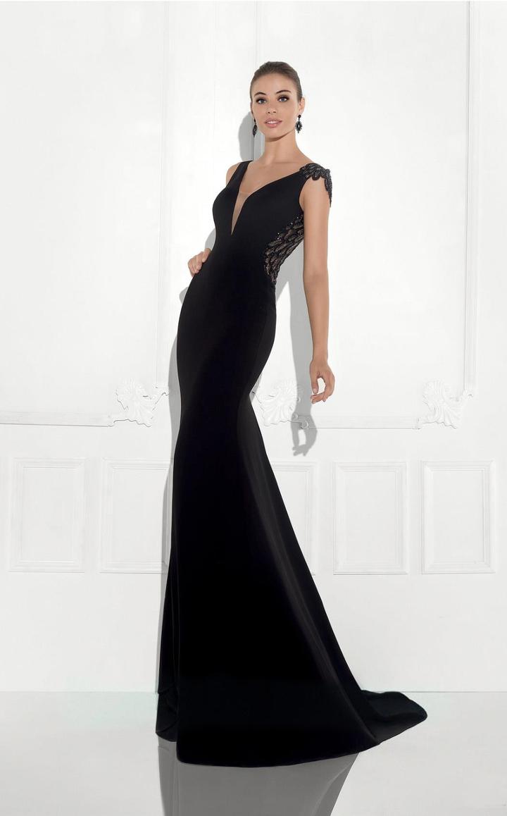 Tarik Ediz - 92827 Deep V-neck Leaf Detail Evening Gown