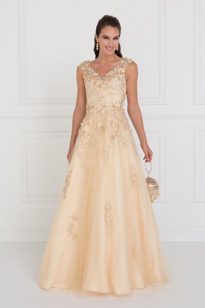 Elizabeth K - Gl1517 Floral Embroidered Cap Sleeves Gown
