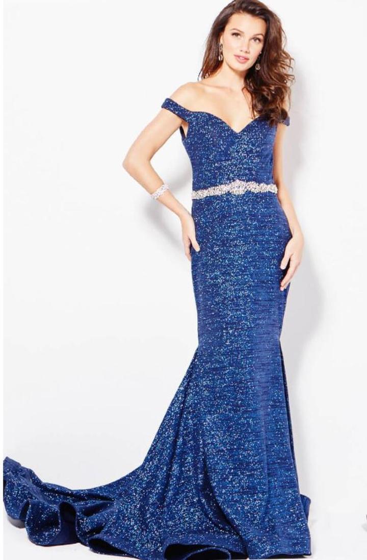 Jovani - 57267 Off Shoulder Beaded Belt Mermaid Gown